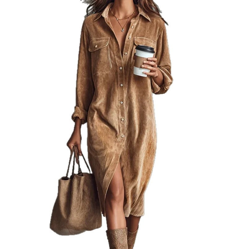 Color Corduroy Long Sleeve Lapel Shirt Dresses