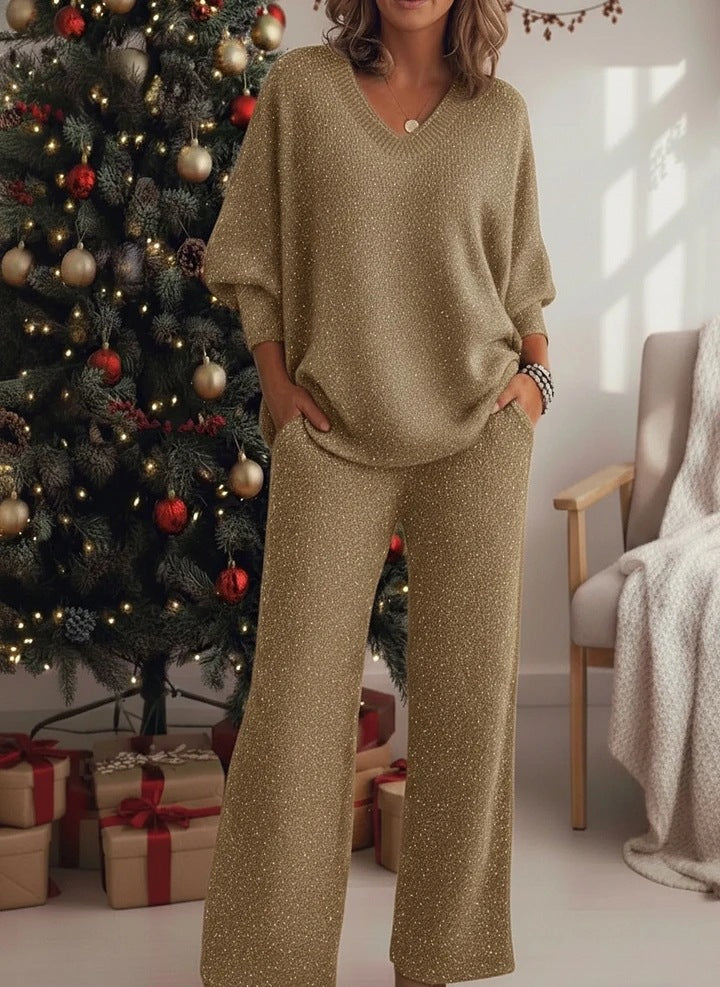 Slouchy Holiday Shiny Two-piece Long Sleeve Fashion Casual Suit
