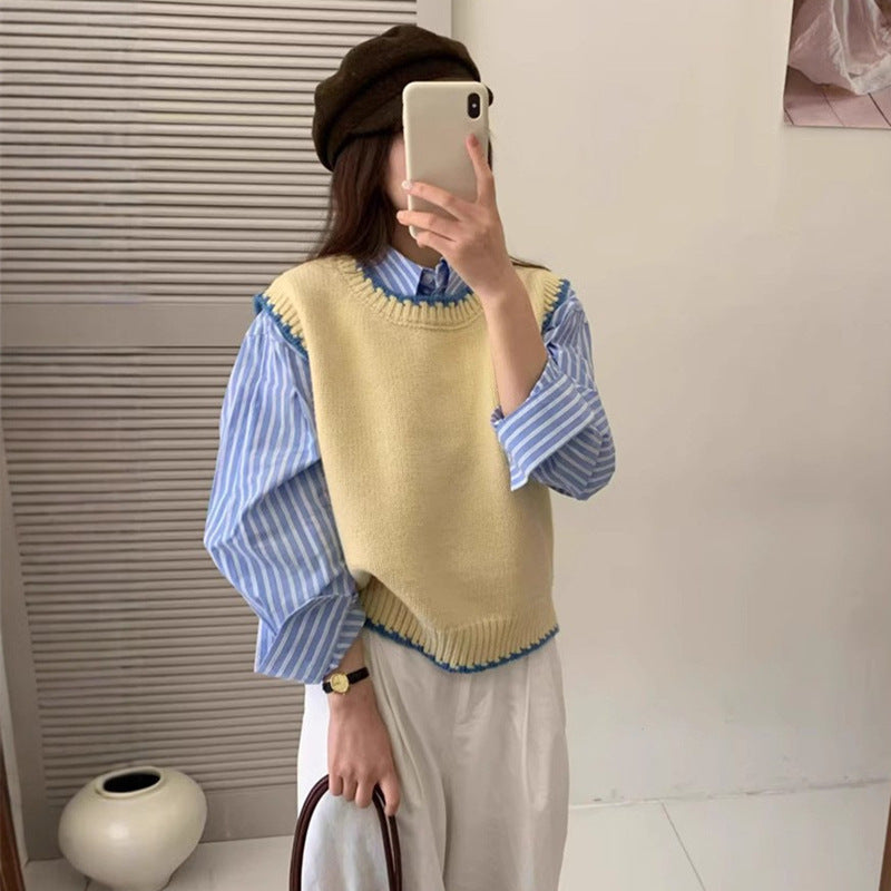 Women's Spring Stripe Round Neck Loose Bandage Dress Sleeveless Sweaters
