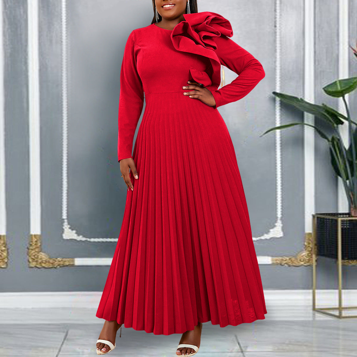 Round Neck Three-dimensional Decorative Pleated Modeling Party Cocktail High Dresses