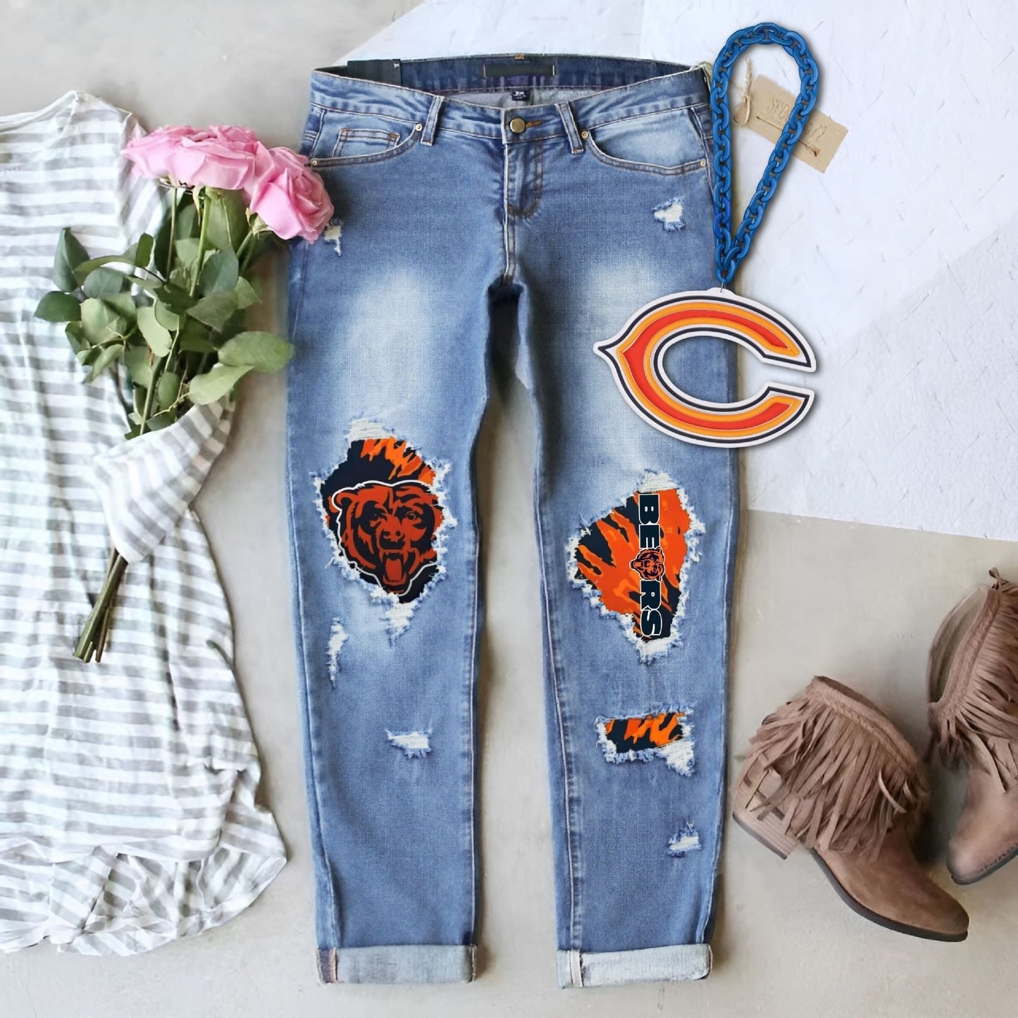 Women's Quality Fashion Winter Printing Ripped Mid Jeans