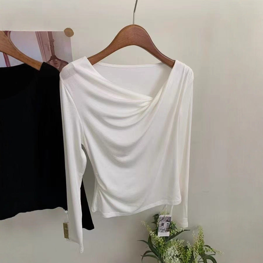 Women's Sexy Pleated Neckline White Bottoming Shirt Autumn Blouses