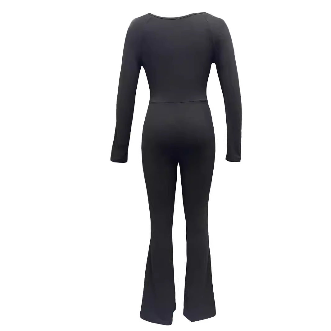 Women's Square Collar Long Sleeve Flared Tight Women's Jumpsuit/clothing