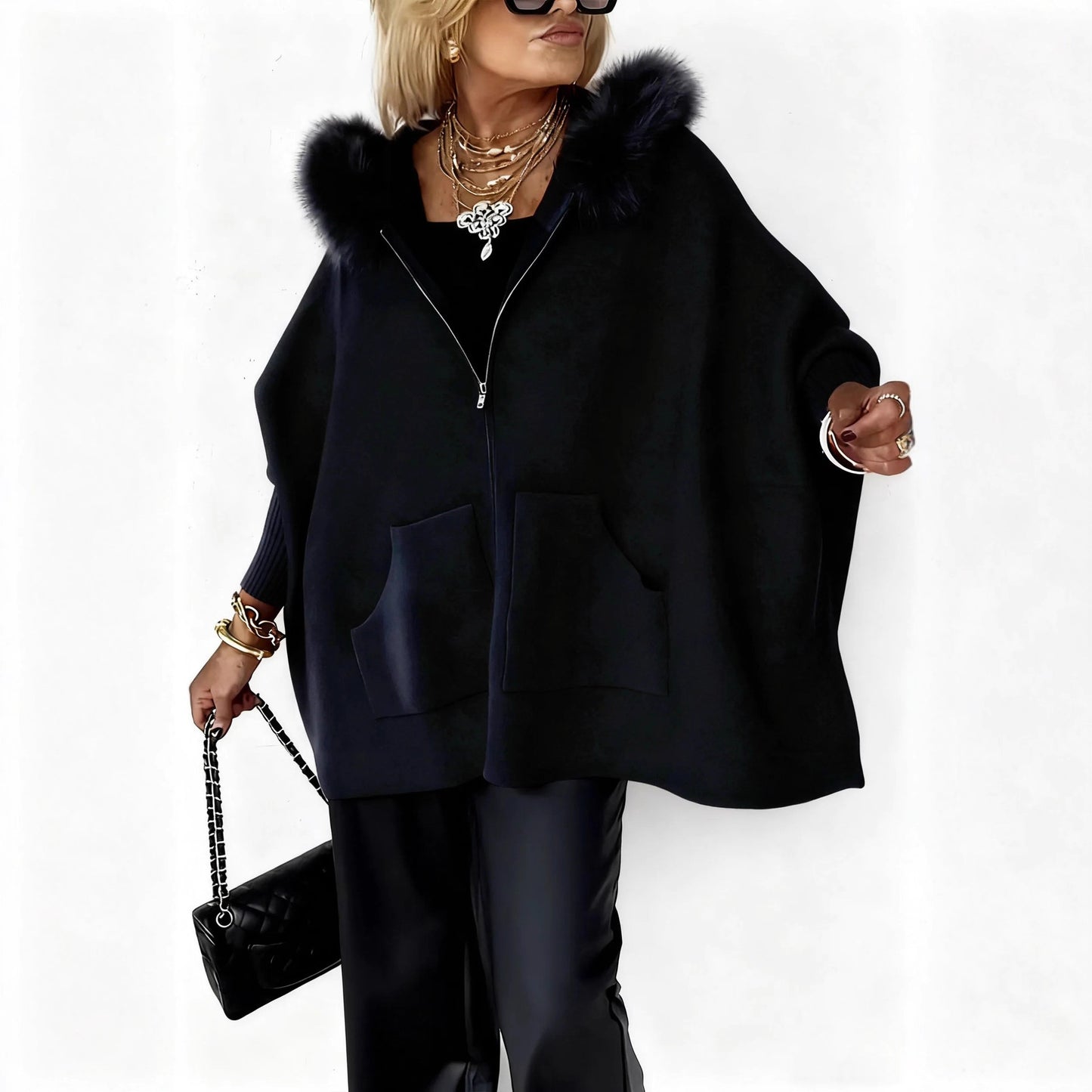 Fashion Loose Pockets Zipper Big Fur Coats