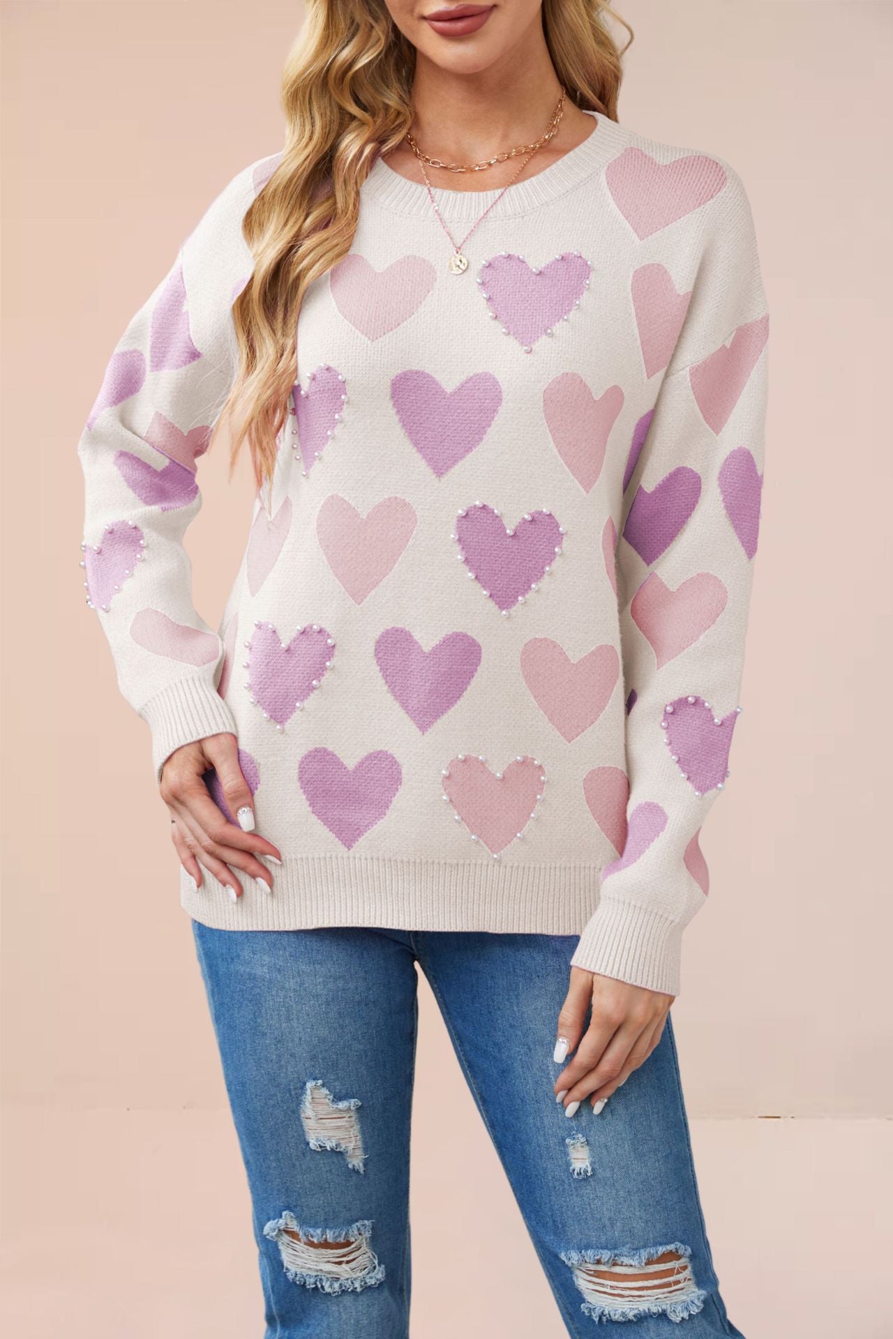 Day Round Neck Handmade Beaded Heart Sweaters