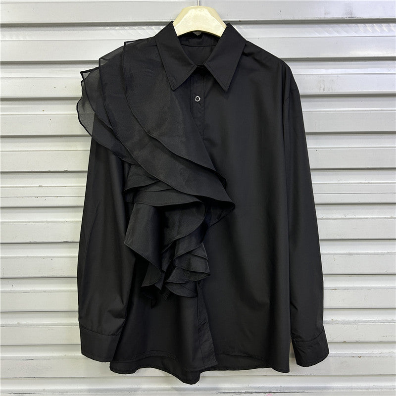 Women's Light Luxury Chic Shirt Fashion Ruffles Stitching Design Single-breasted Blouses