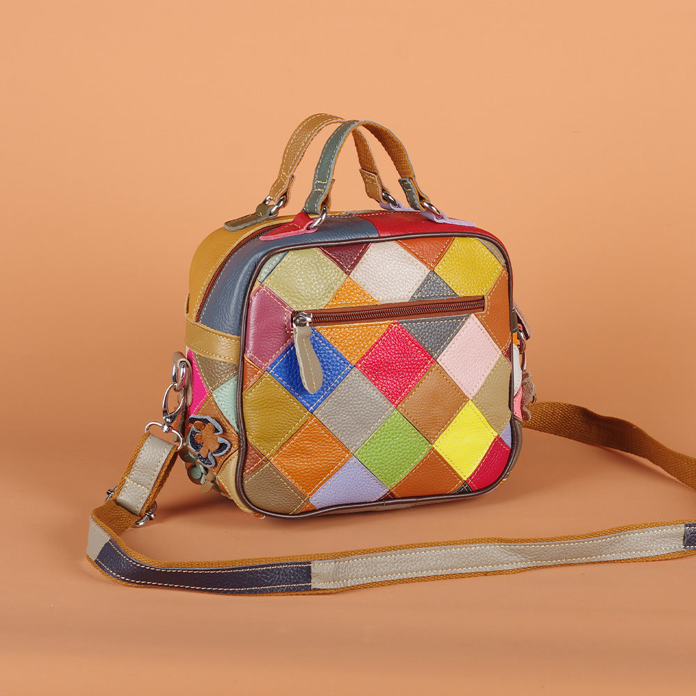 Women's Genuine Leather Hand Stitching Flower Colored Handbags