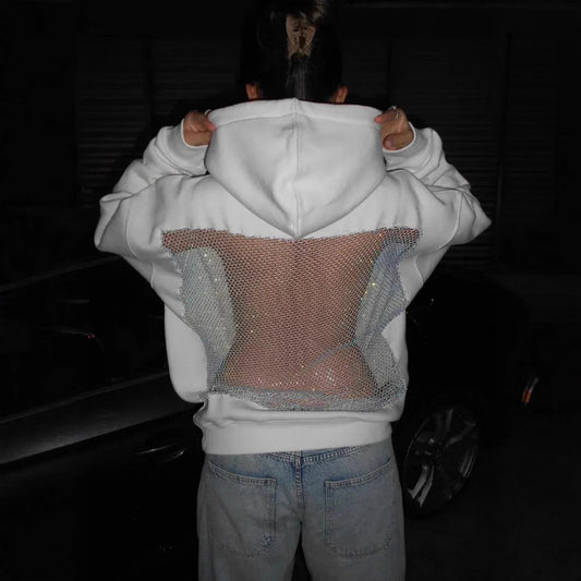 Women's Hooded Long Sleeve Backless Stitching Mesh Women's Sweater, Sweater