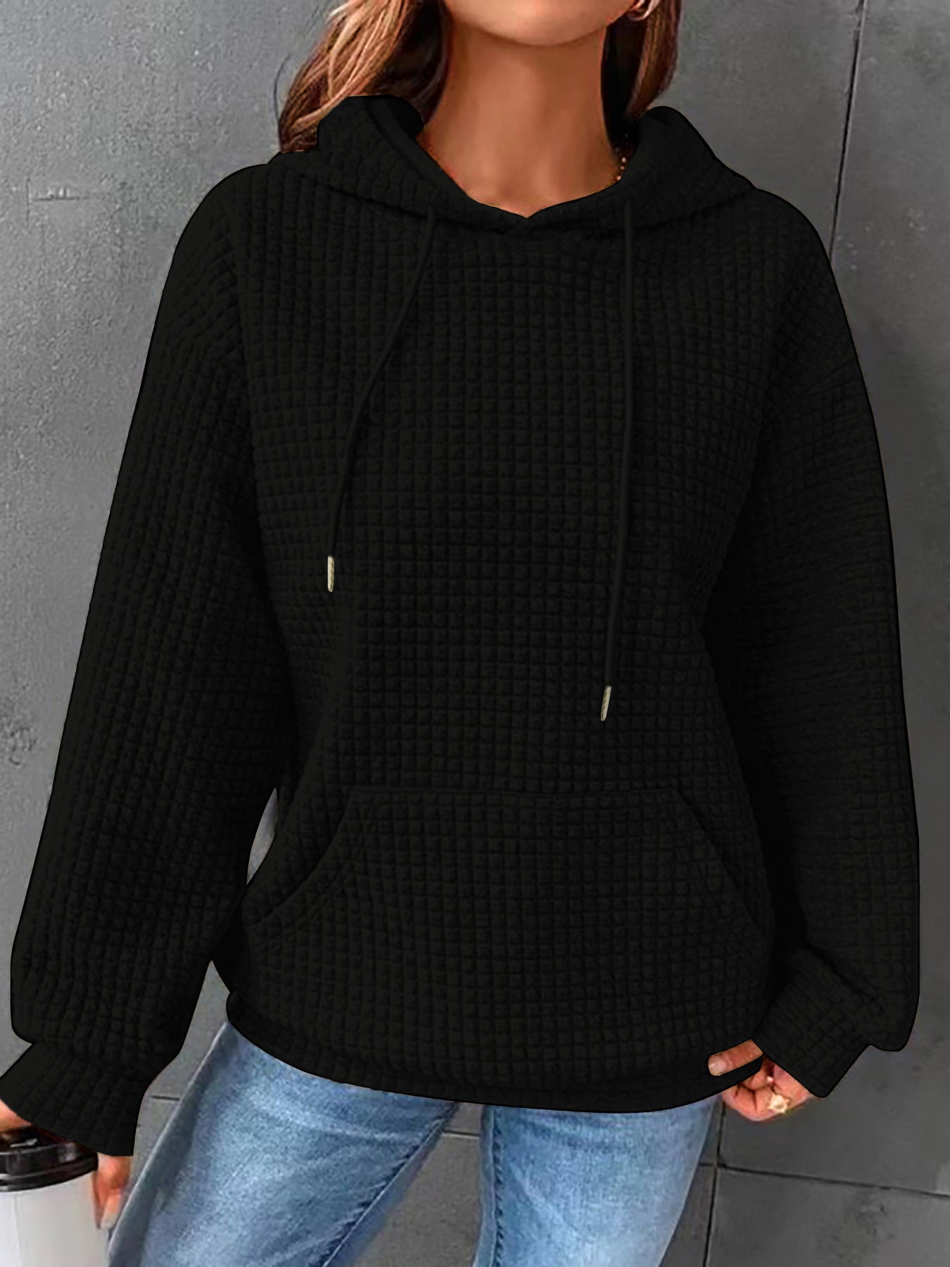 Women's Waffle Hooded Long Sleeve Letter Print Sweatshirt Loose Women's Sweater, Sweater