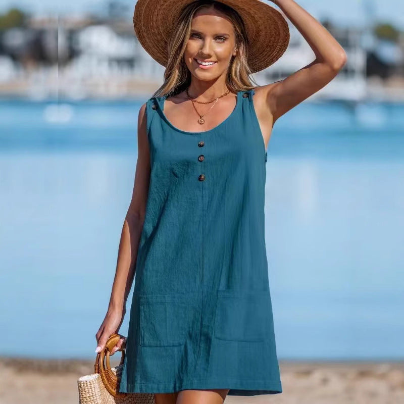 Pocket Button Beach Vacation Style Loose Dress