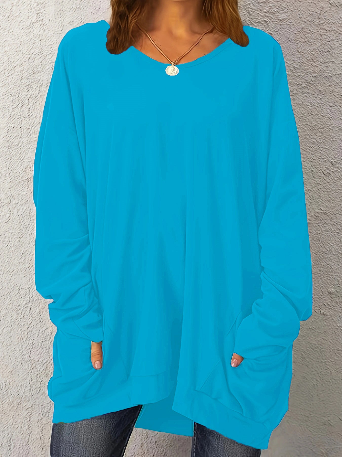 Women's Pullover Long-sleeved Double Pocket Solid Color Tops