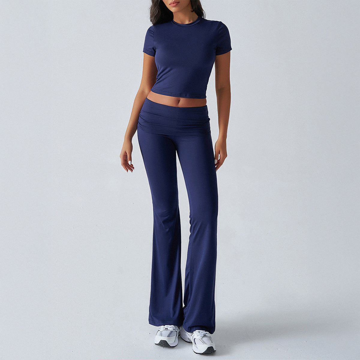 Women's Solid Color Short-sleeved High Waist Trousers Fashion Casual Suit