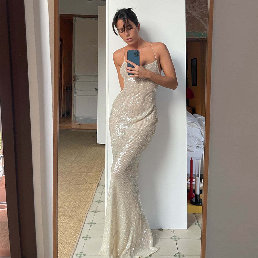 Women's Dress Mop Backless Slip Sequined Dresses