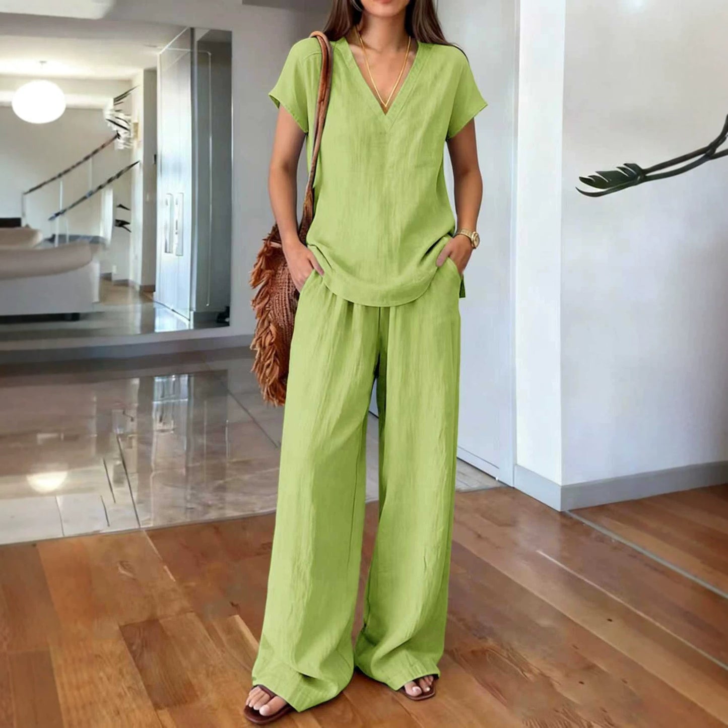 Women's Breathable Loose Slimming Solid Color Short-sleeved Trousers Pants