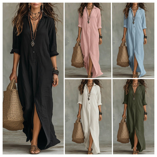 Shirt Collar Floor Casual Slit Long Dress