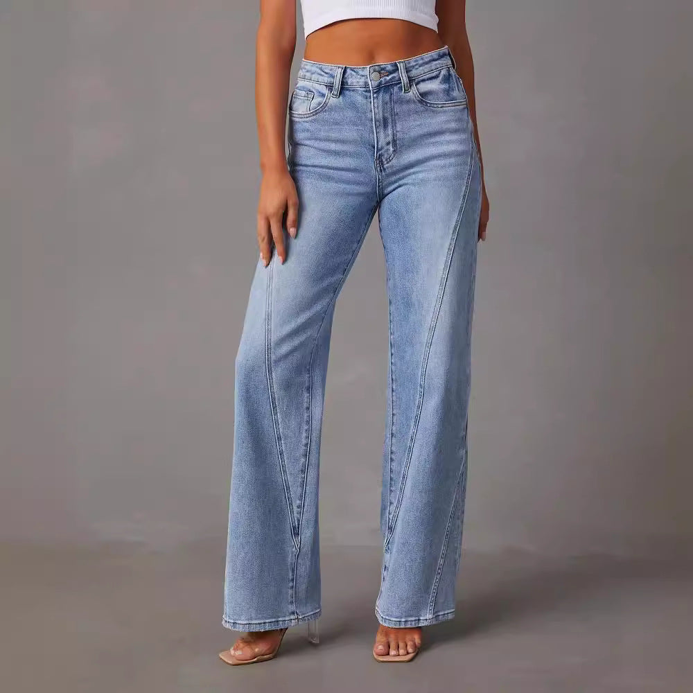 Women's Wide Leg Loose Stitching Trousers Street Jeans