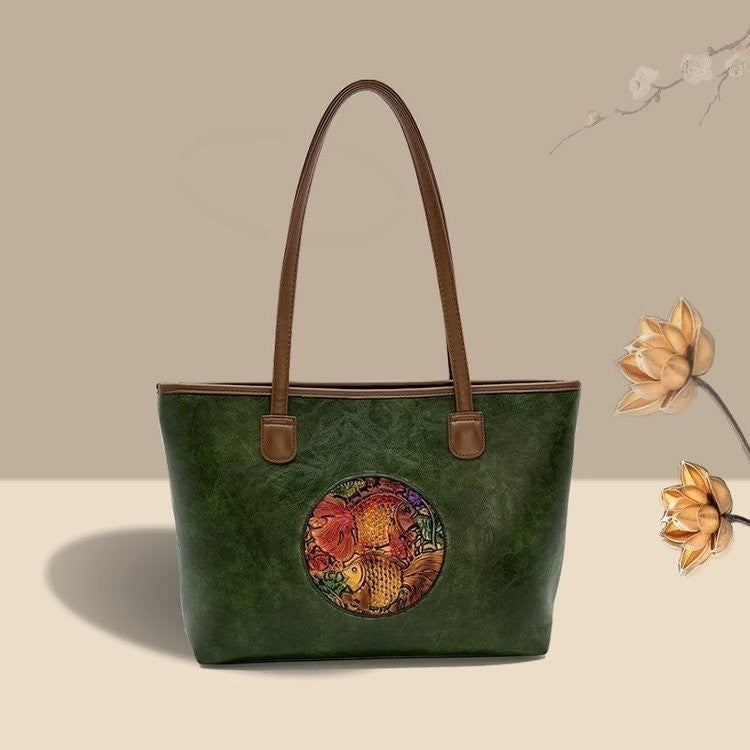 Women's Ethnic Style Leather Carving Goldfish High-grade Tote Bags