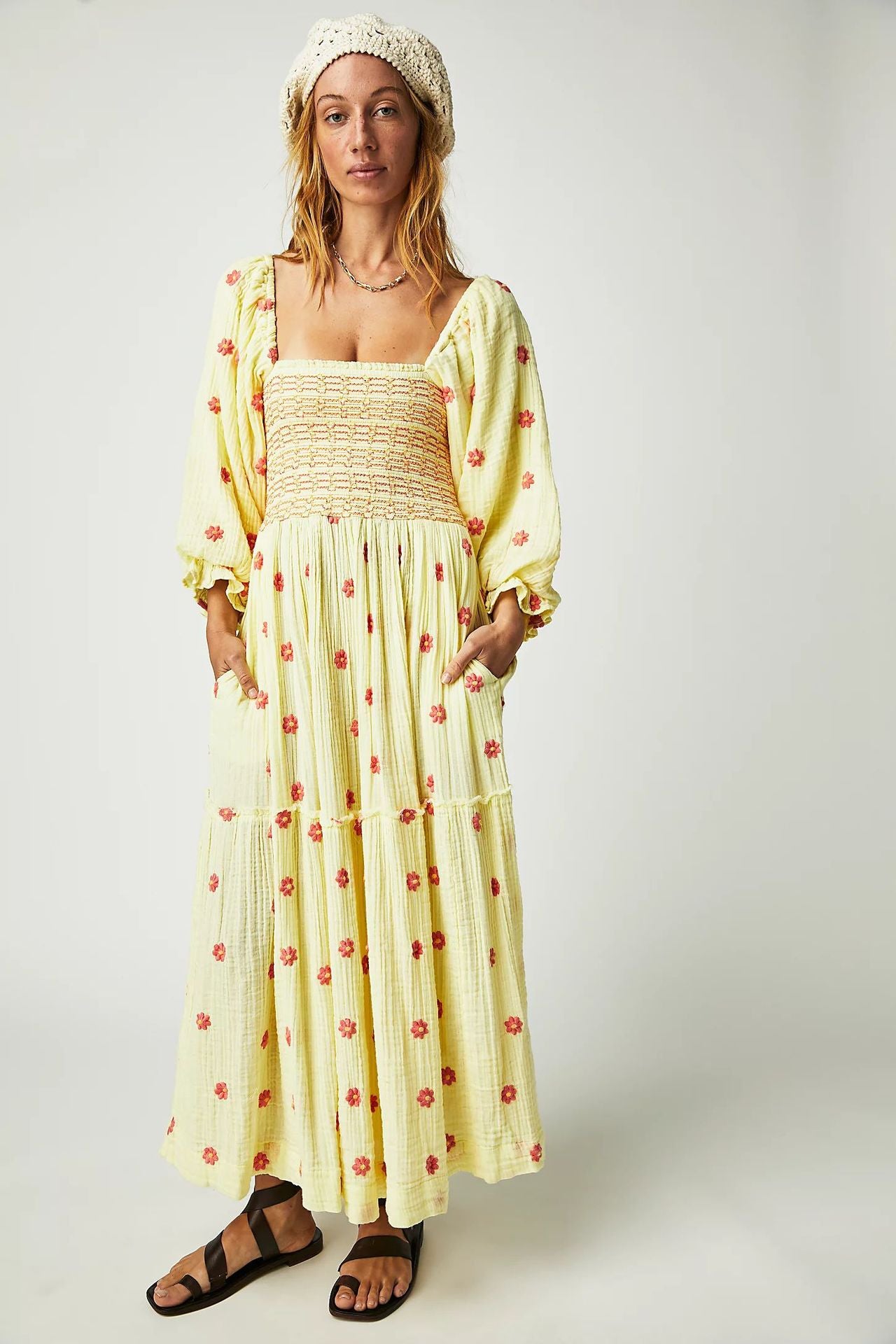 Autumn Casual Bell Sleeve Smocking Embroidered Square Dresses