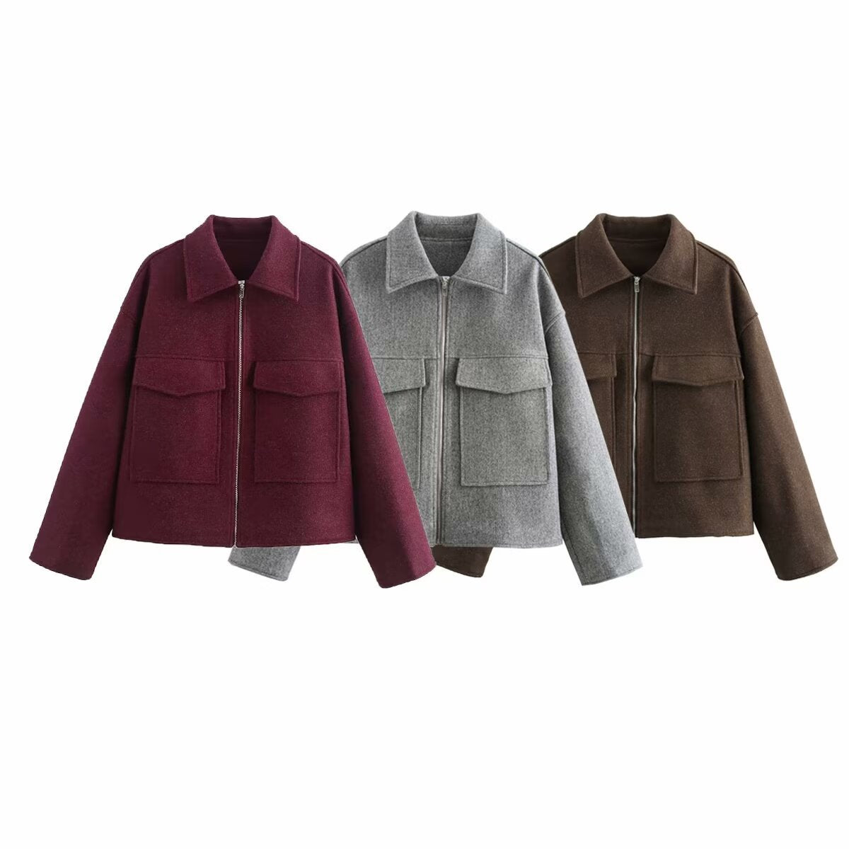 Women's Autumn Fashion Wine Red Large Pocket Coats