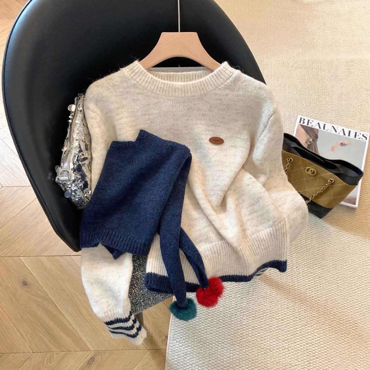 Women's Korean Style Idle Contrast Color Two-piece With Sweaters