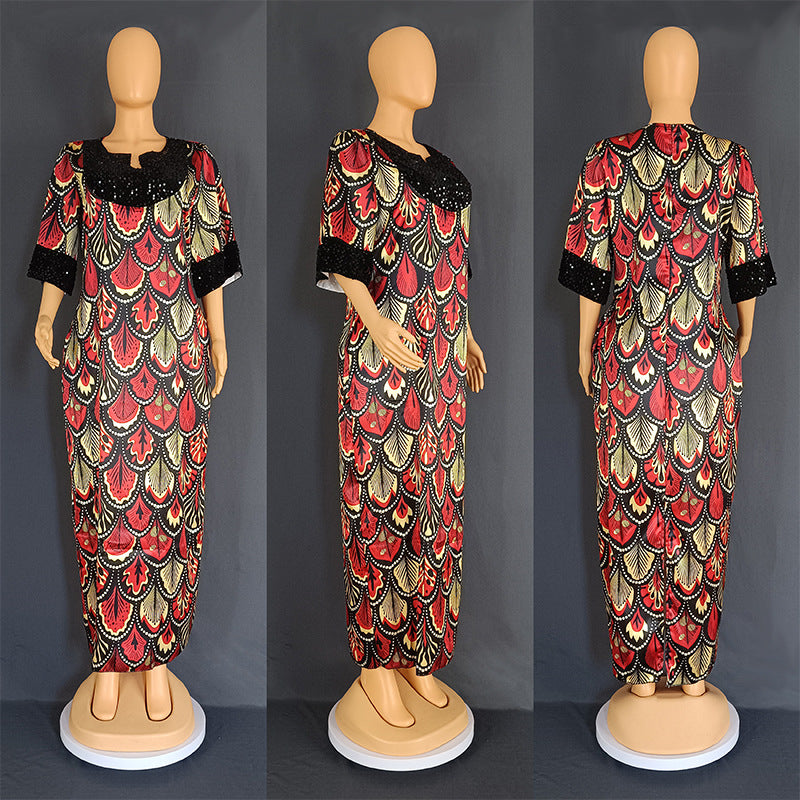 Women's African Satin Sequin Long Gown Dress Dresses