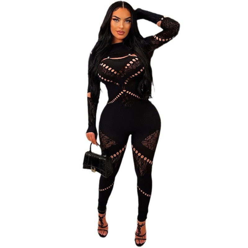 Women's Autumn Long Sleeve Hollow Sexy Slim Fit Bodysuit Fashion High Women's Jumpsuit/clothing