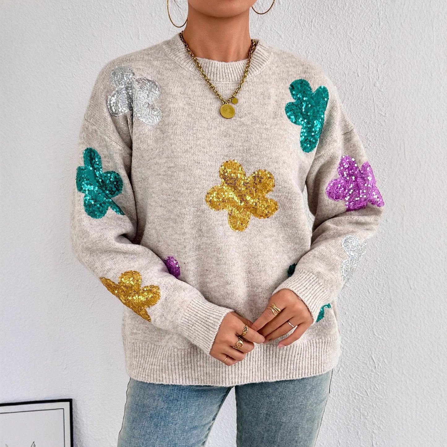 Flower Sequined Embroidered Knitted Pullover Round Sweaters