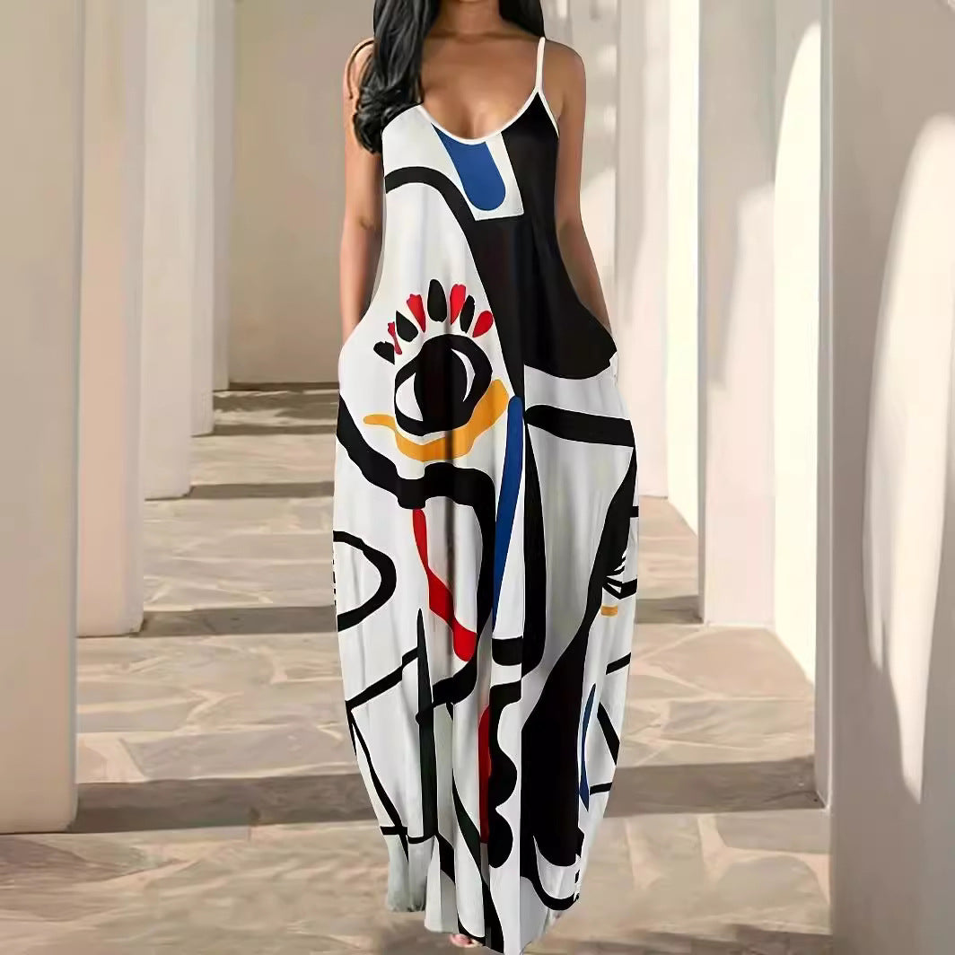 Summer Cool Sling Fashion Deep V Abstract Face Style Digital Dress