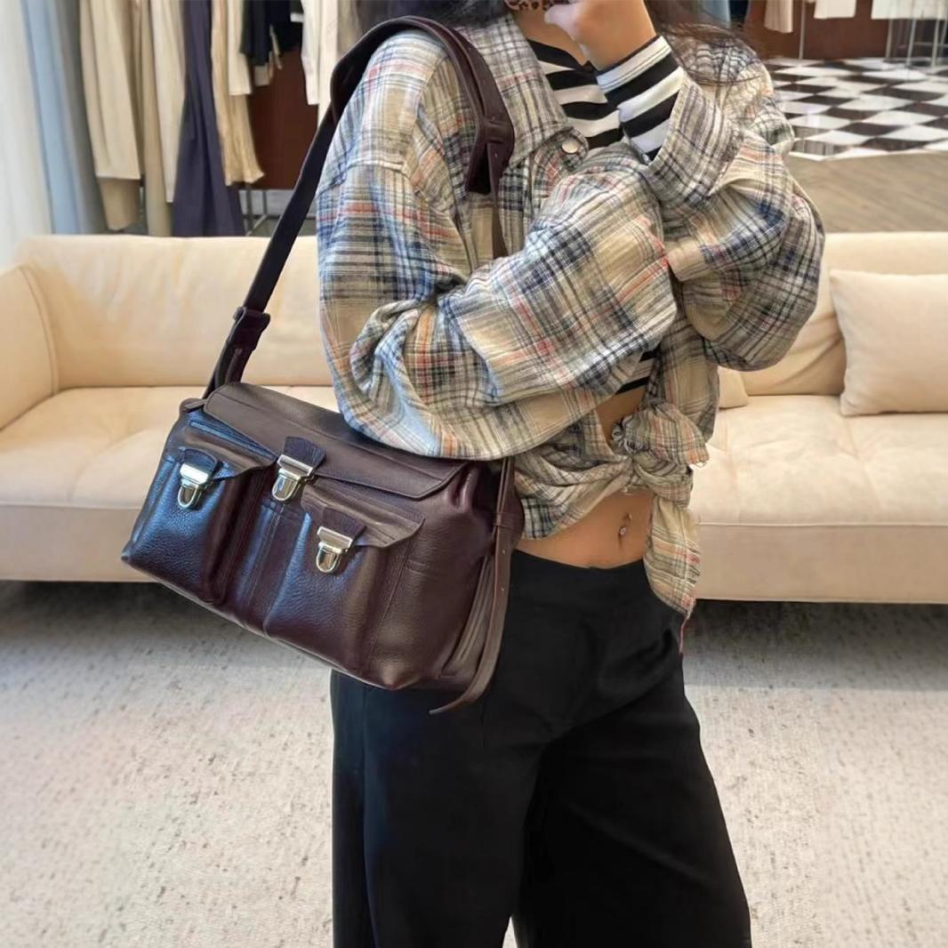 French Niche First Layer Cowhide Motorcycle Working Crossbody Bags