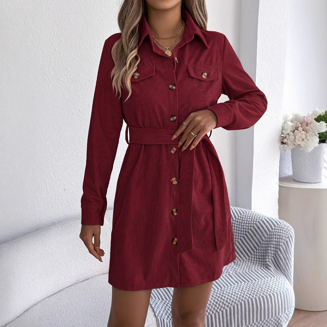 Women's Color Single-breasted Long Sleeve Corduroy Shirt Dresses