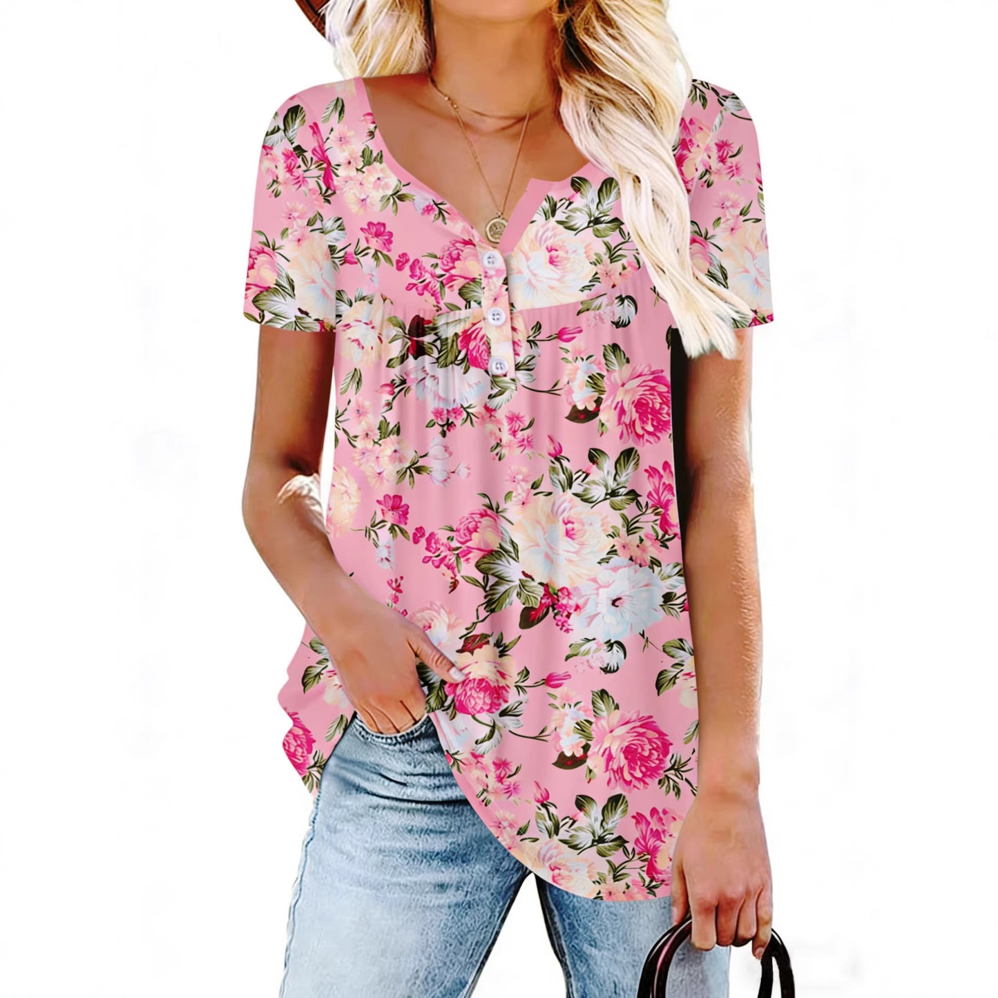 Women's Summer Fashion Button Flower Printed Short-sleeved Tops