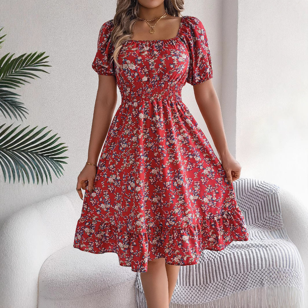 Women's Floral Square Collar Sleeve Ruffled A- Skirts