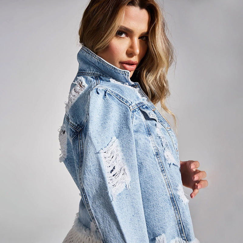 Women's Water Washed Hole Raw Edge Fashion Jackets