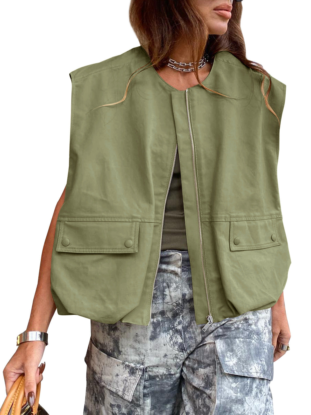 Women's Sleeveless Pocket Loose-fitting Waistcoat Zip Fashion Women's Vest