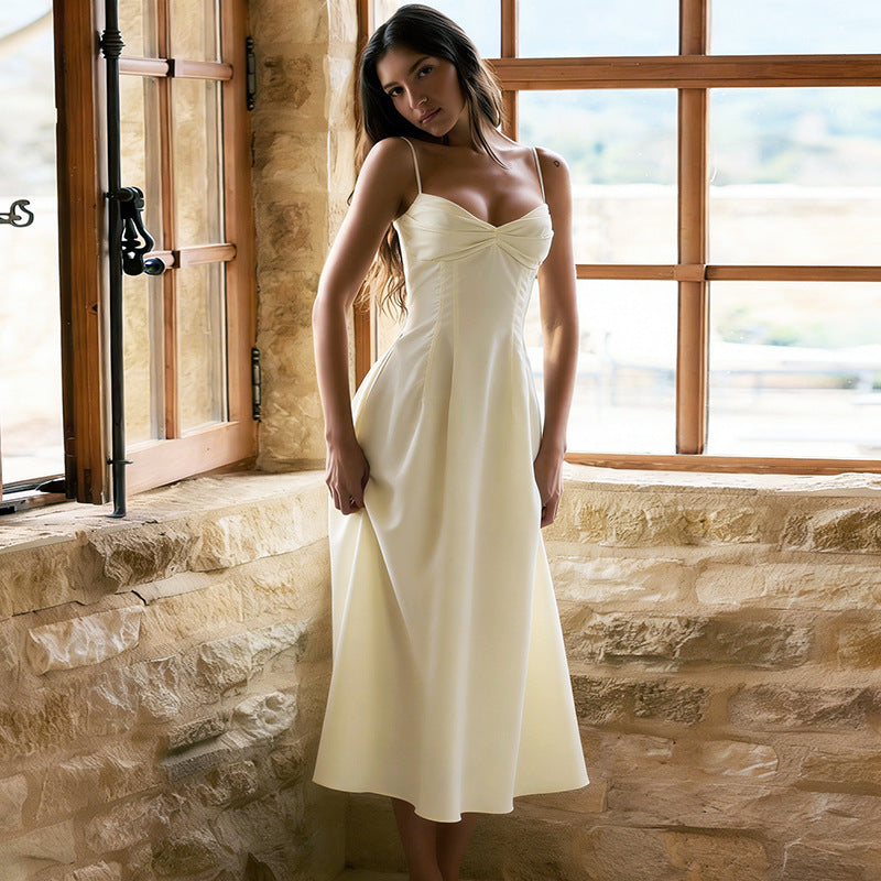 Women's Elegant Solid Color Fishbone Waist Slim Temperament Dress