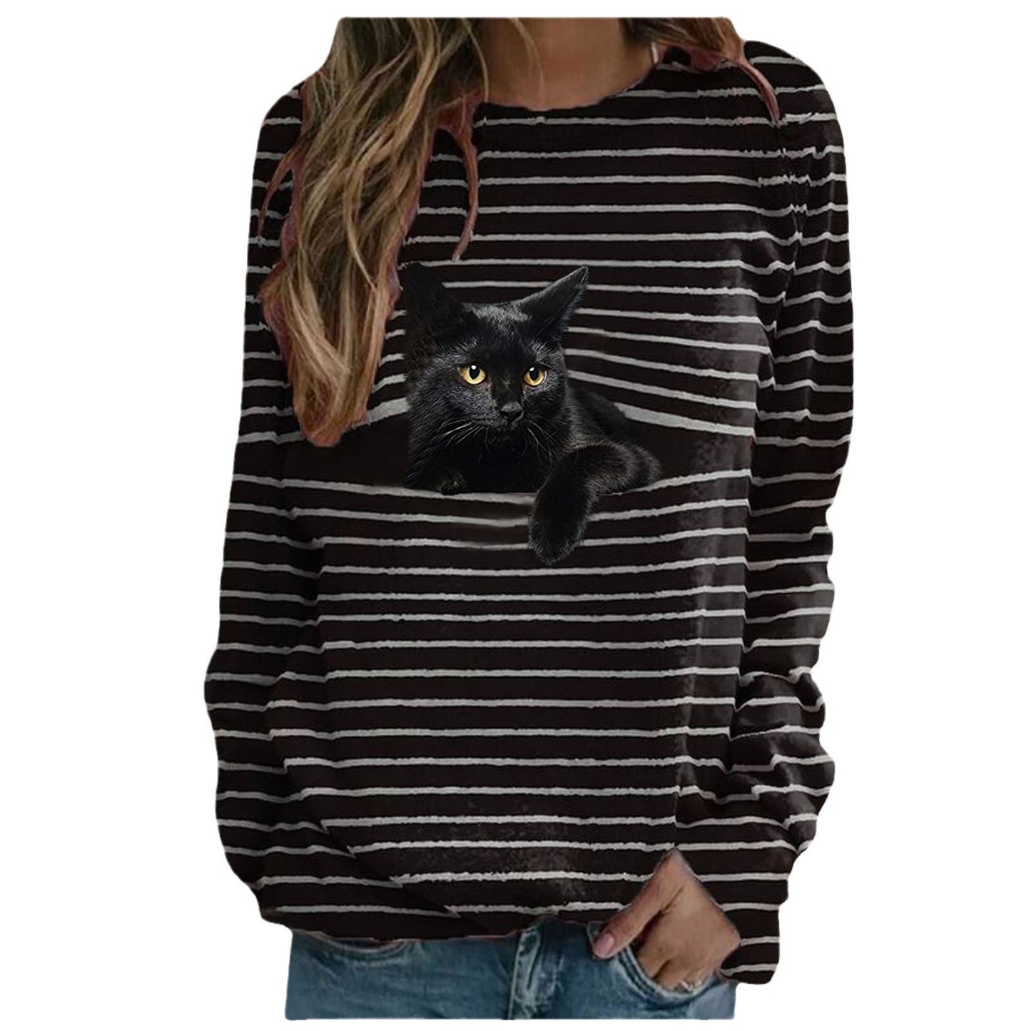 Women's Cat Printing Casual Long Sleeve Striped Women's T-shirt