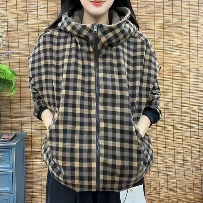 Women's Thickened Plaid Printed Hooded Cotton Casual Western Style Jackets