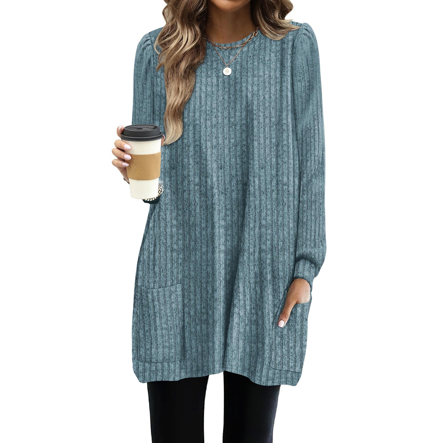 Pocket Lengthened Loose Casual Bubble Long-sleeved Women's T-shirt