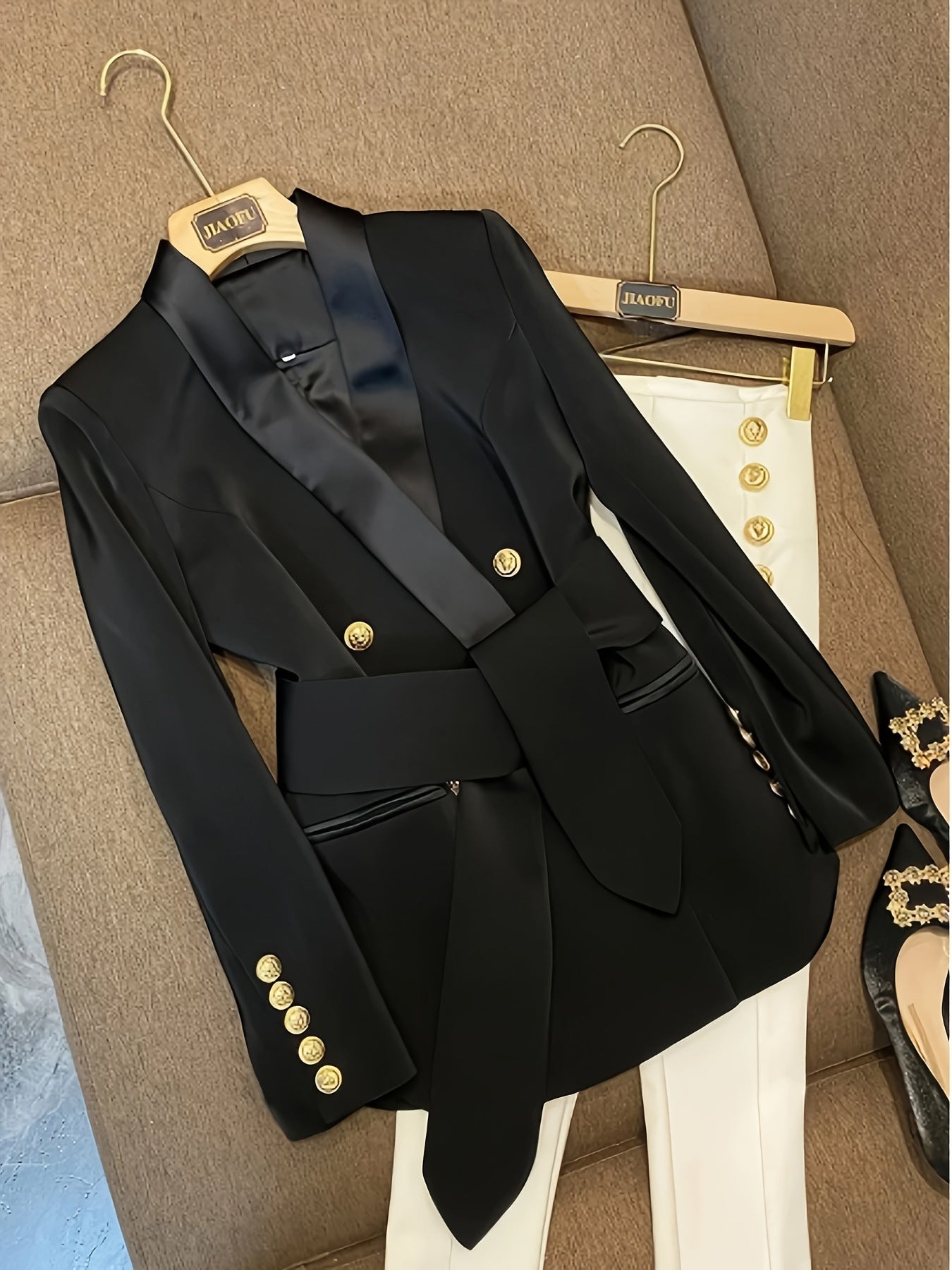 Metal Double Breasted Green Collar Belt Jackets