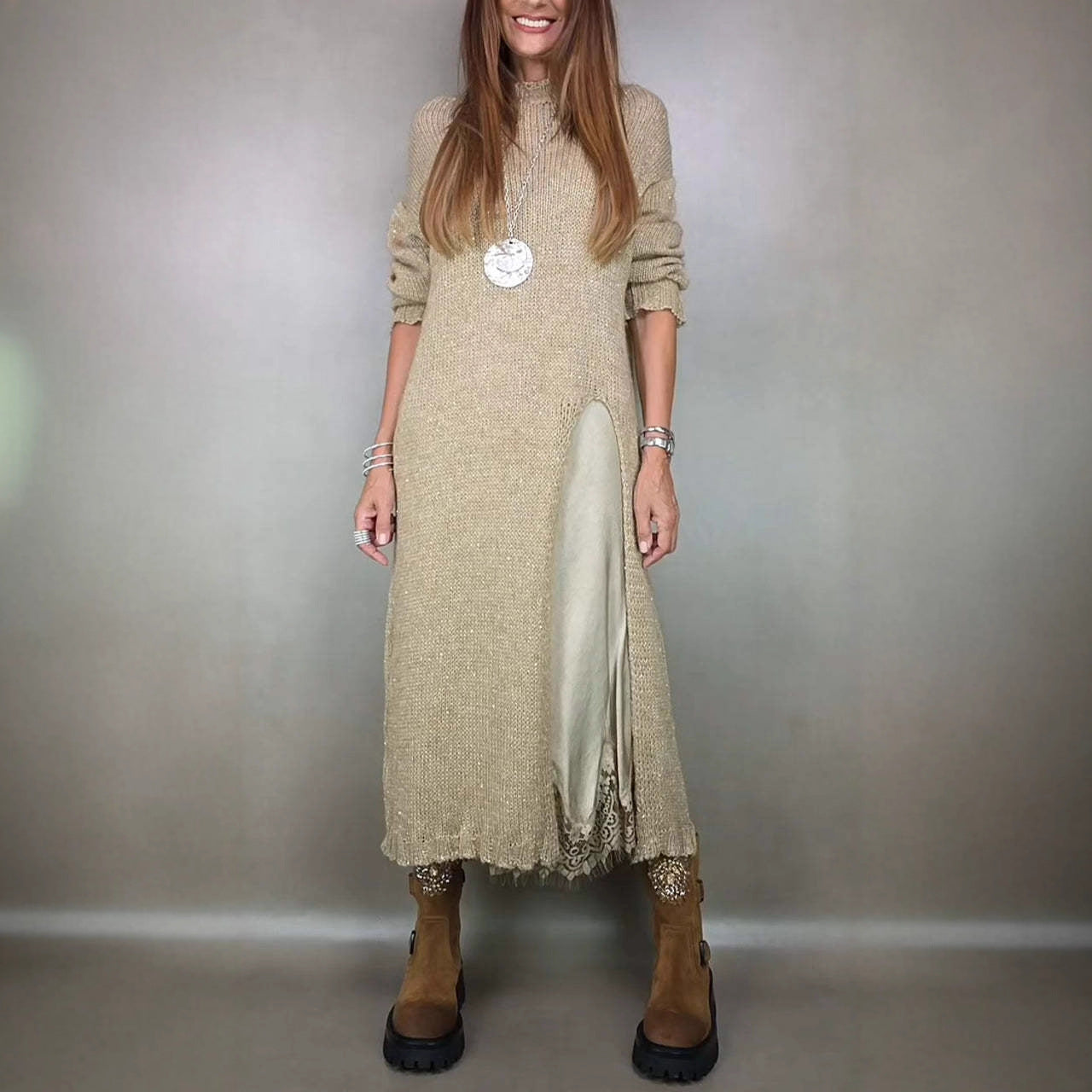 Autumn Lace Sling Slit Woolen Two-piece Skirts