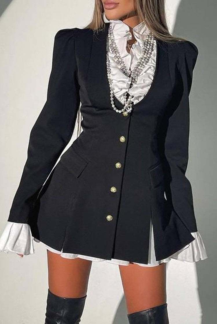 Women's Long Sleeve Stitching Solid Color Buttons A- Line Two-piece Suits