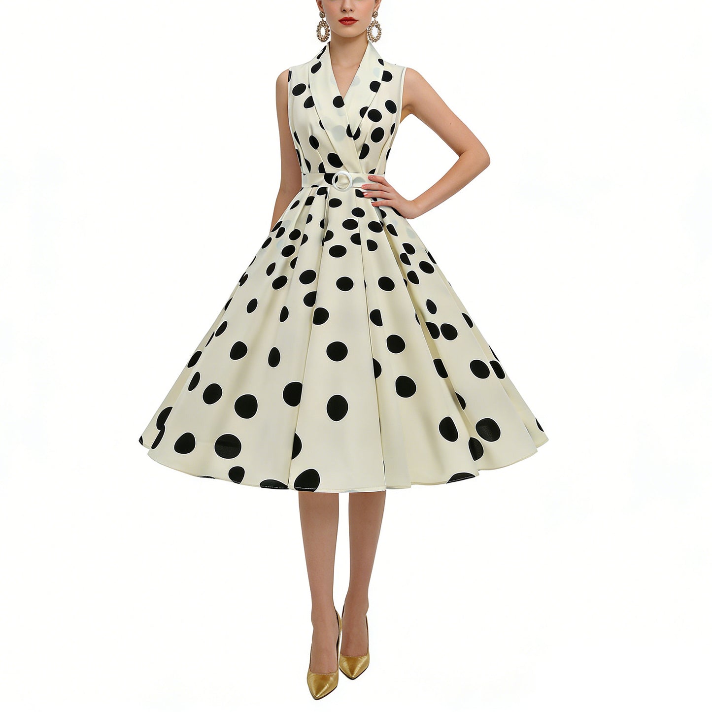 Retro Style French Elegance Polka Dot Large Lapel Lacing Dress