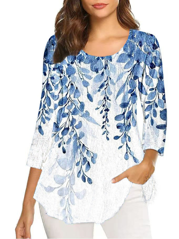 Autumn Three-quarter Sleeve Round Neck Printed Mid-length Bottoming Tops