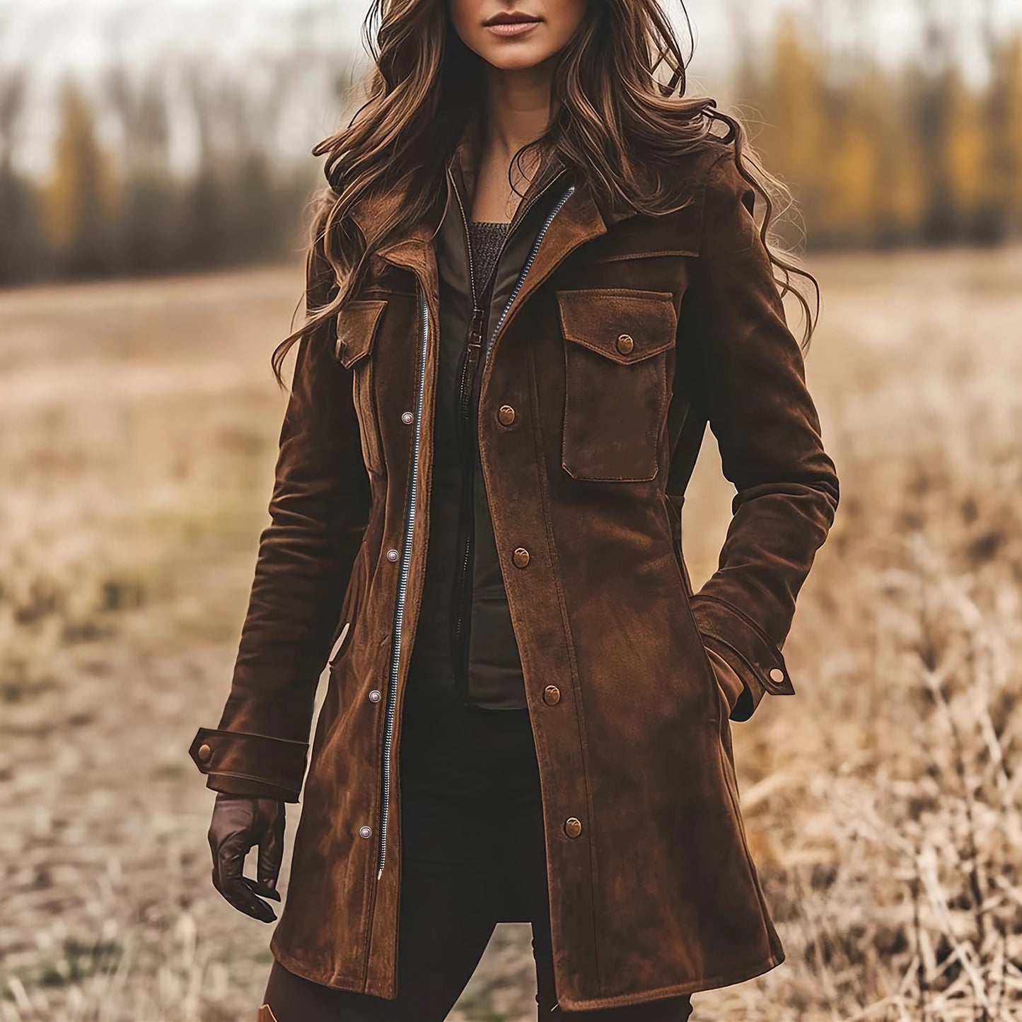 Women's Lapel Brown Deerskin Veet Casual Warm Jackets