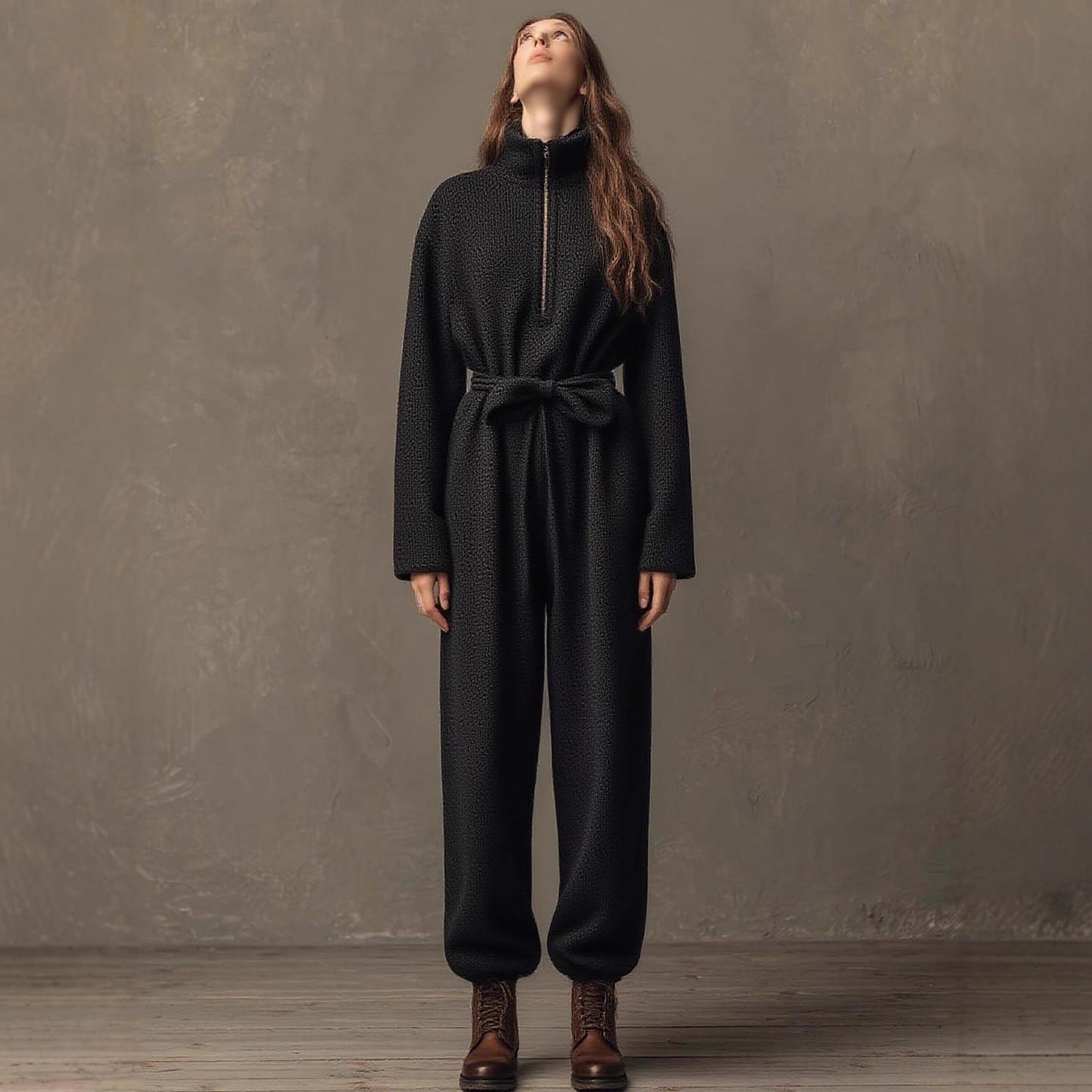 Fashion Casual Zipper Stand Collar Drawstring Jumpsuits