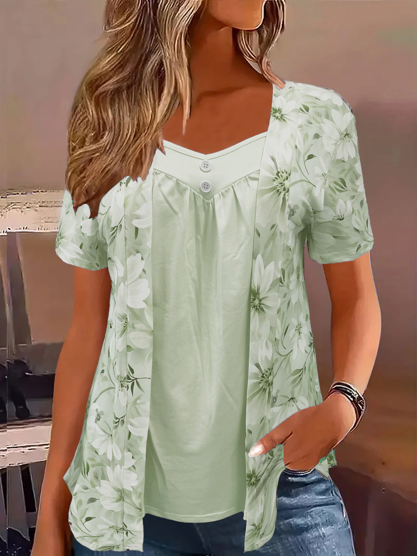 Women's Fake Two Pieces Sleeve Printed Fashion Women's T-shirt