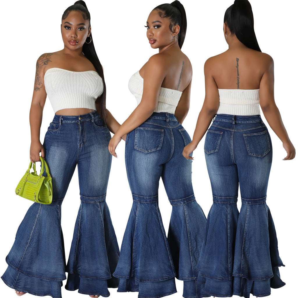 Comfortable Fashionable Washed Denim Stretch Flared Jeans