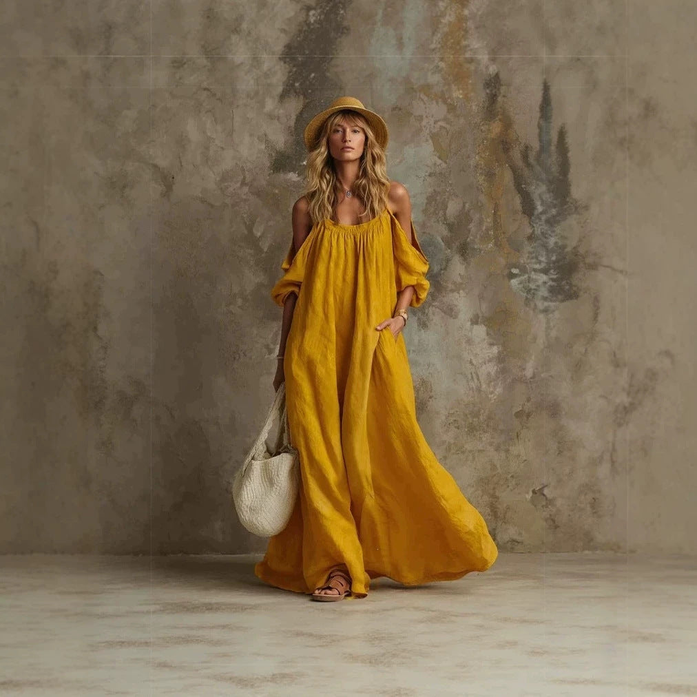Solid Color Strap Loose Shoulder Sleeve Casual Bulk Dress