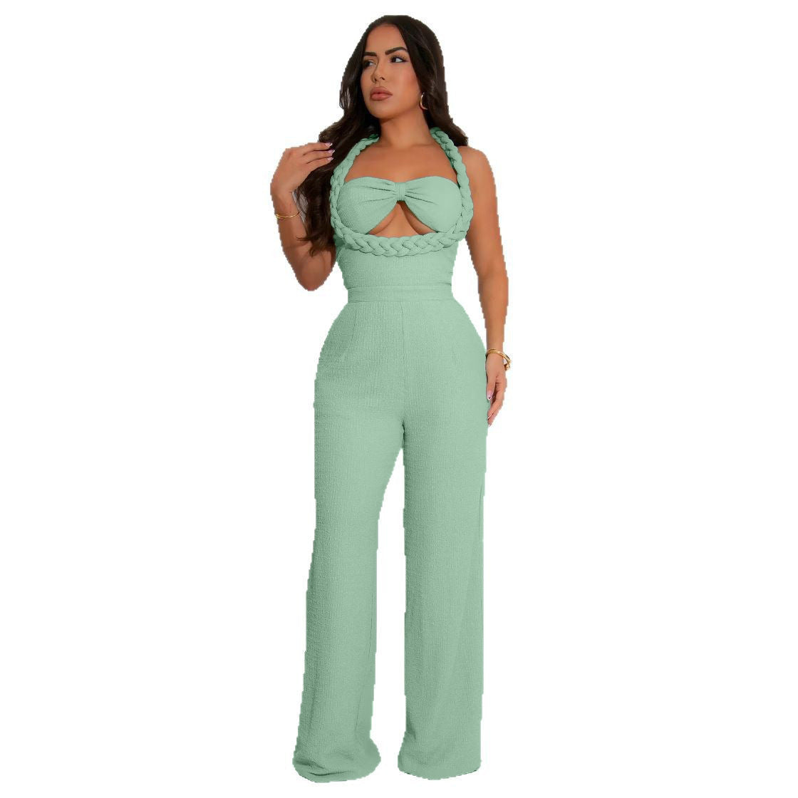 Design Woven Style Spaghetti Straps Sleeveless Loose Pants