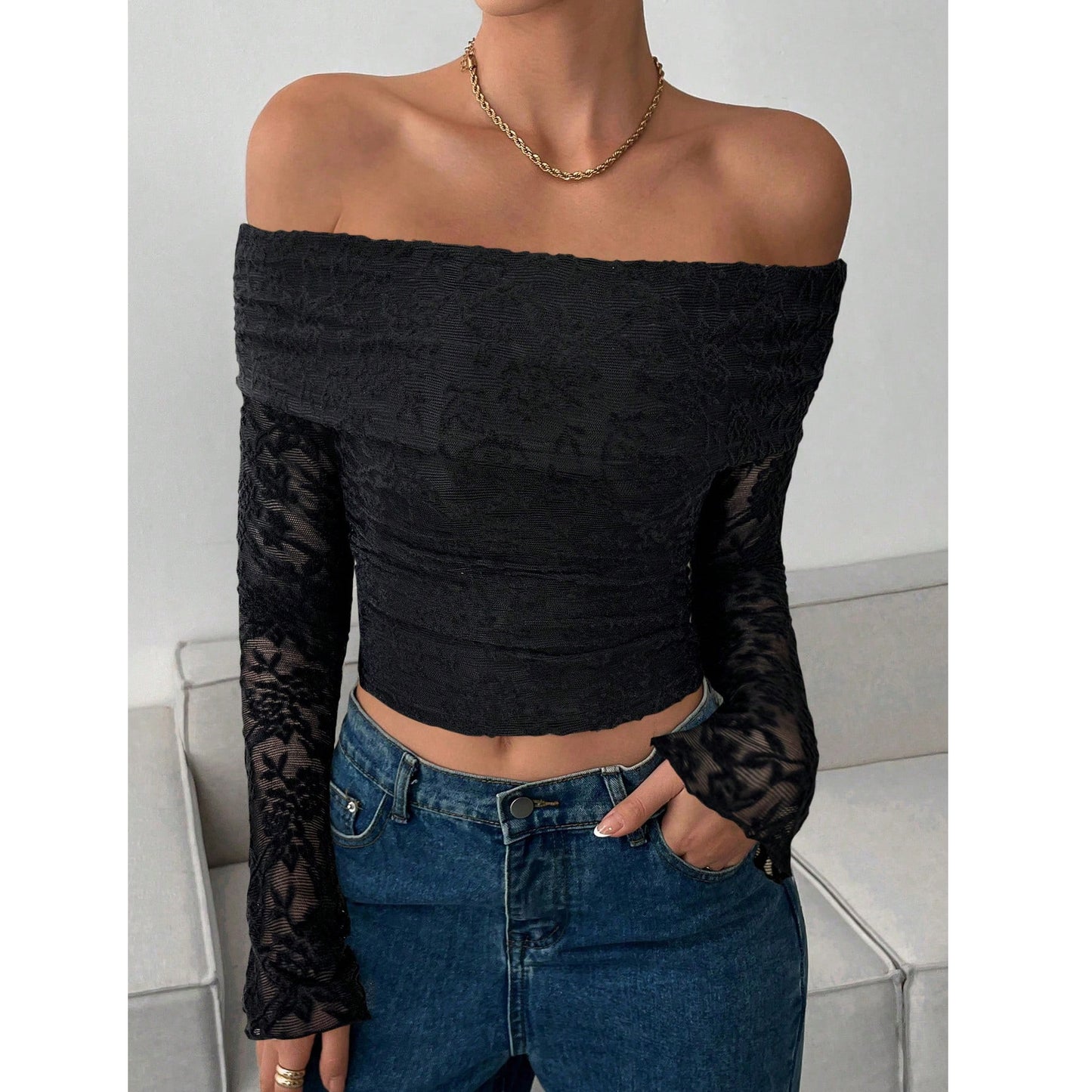 Women's Flower Lace Collar Long Sleeve Backless Blouses